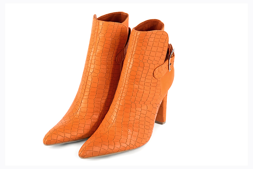 Apricot orange women's ankle boots with buckles at the back. Tapered toe. Very high slim heel. Front view - Florence KOOIJMAN